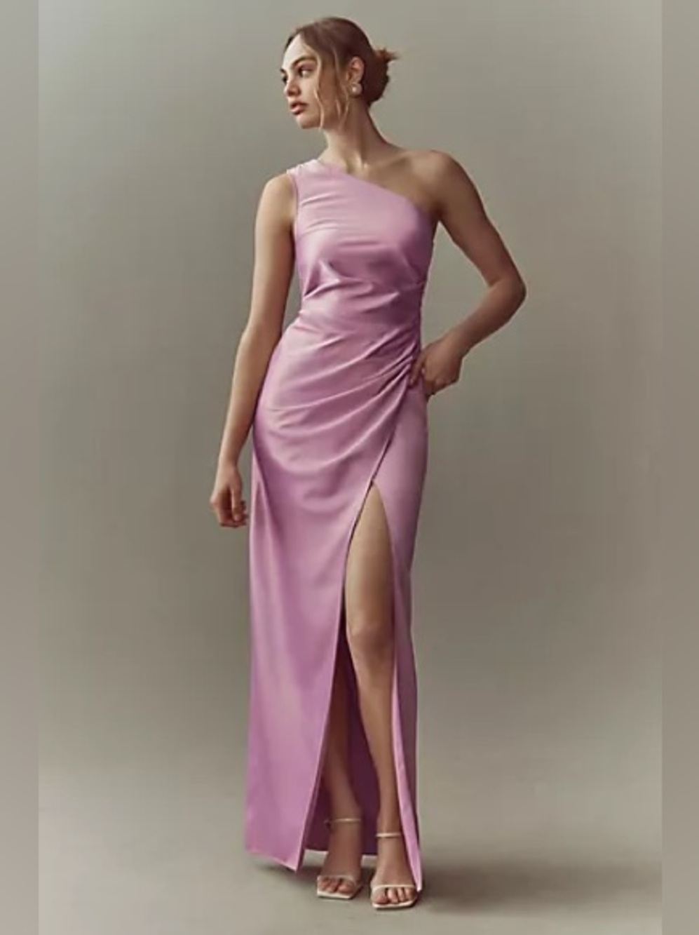 BHLDN Scottie One-Shoulder Side-Slit Stretch Satin Maxi Dress Orchid Purple Sz S